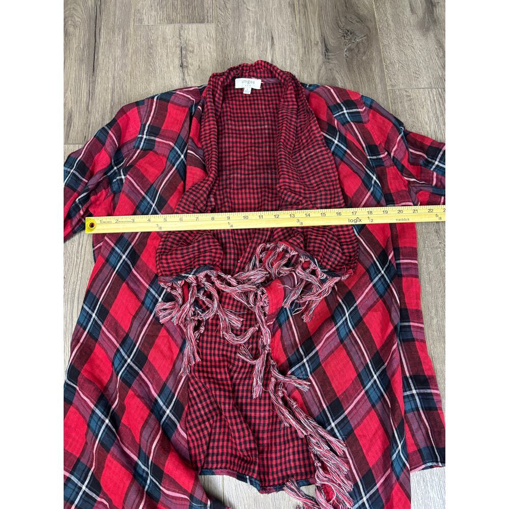 Umgee Plaid Fringe Cardigan Women’s Small Red Black Draped Open Front Top - Picture 3 of 6